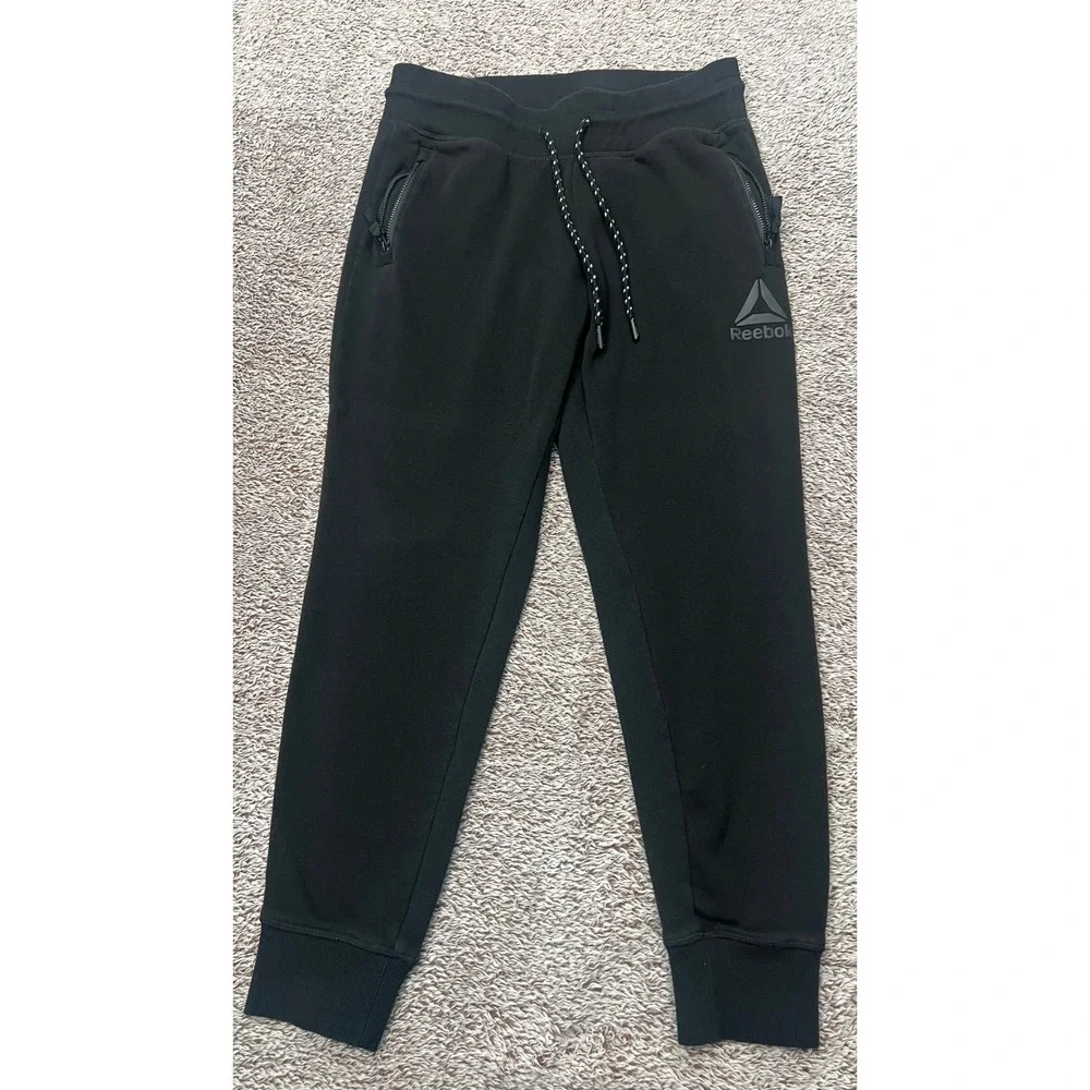 Reebok Mens S Black Fleece Jogger Sweatpants Zipper Pockets Tapered Athletic